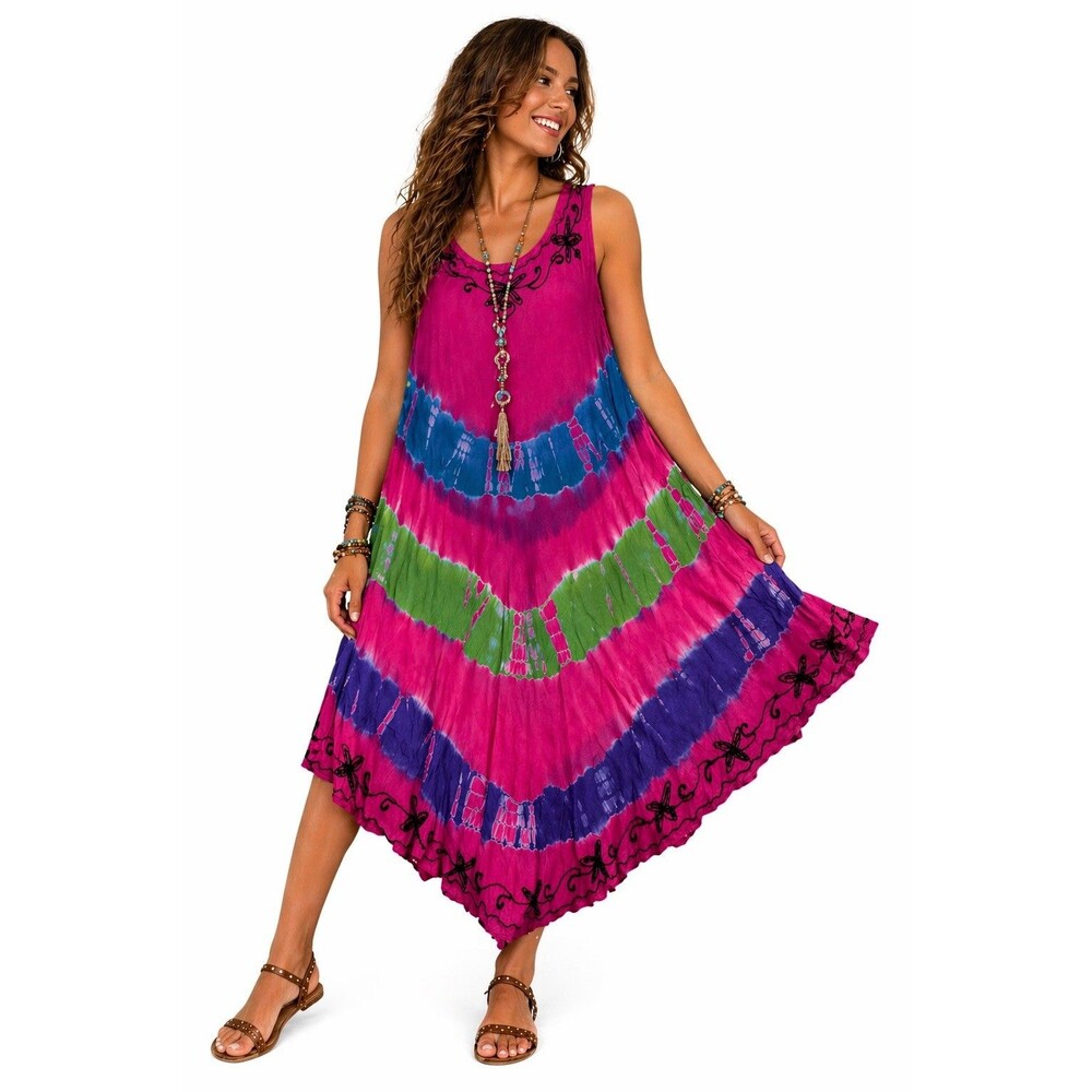 Young USA Tie Dye Boho Dress One Size Pink Embroidered Festival Beach Hippie